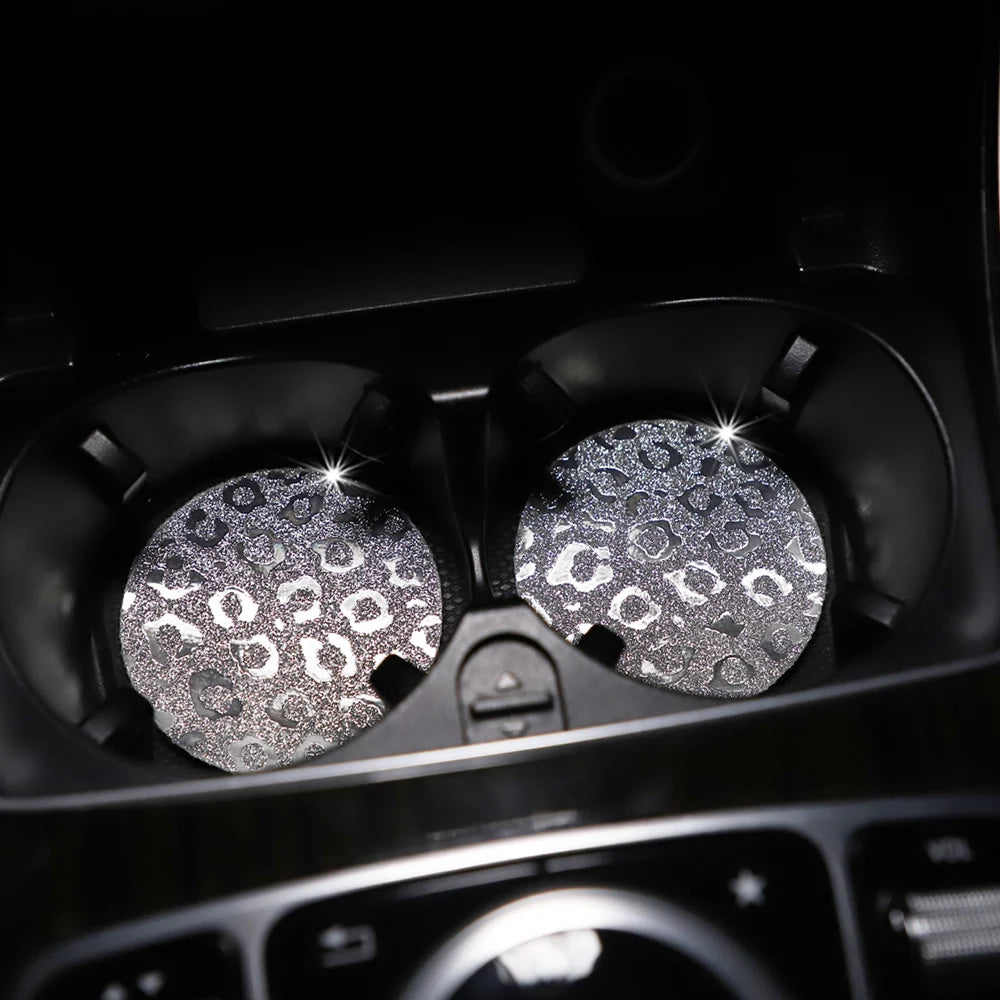 Waterproof Car Cup Holder Set - Glitter Leopard Print TPU Anti-Slip Interior Accessories