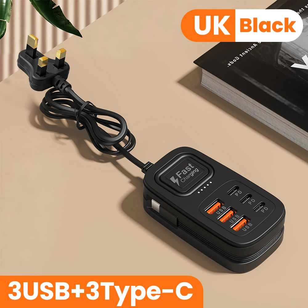 6-Port USB-C Charging Station – Fast-Charging Desktop Power Strip with 3 USB-C Ports, 3 USB-A Ports, and EU/UK/US Plug Options