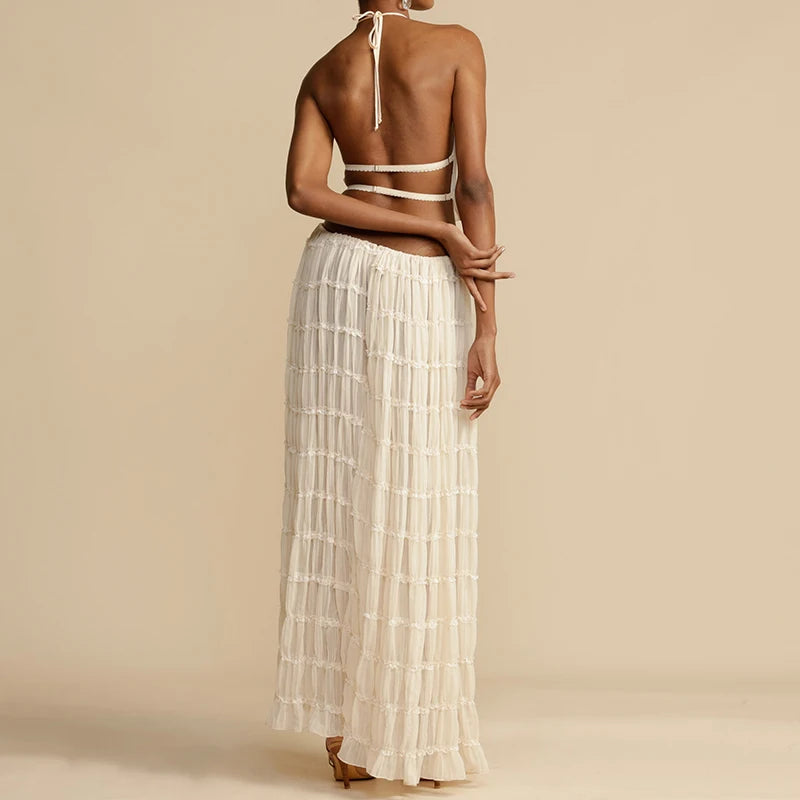 Women’s Boho Sexy Backless 2-Piece Set – Vintage Ruched Halter Cami Top & Maxi Skirt Beach Holiday Party Outfit