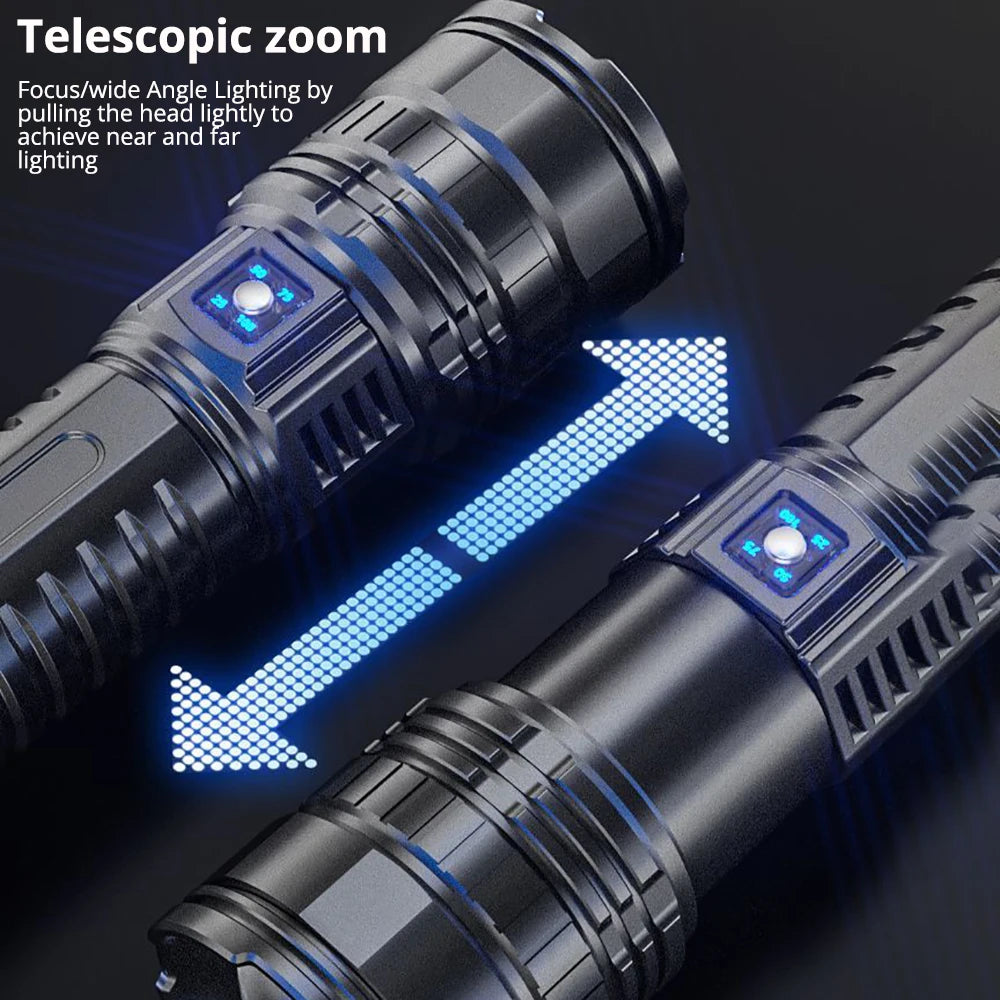 1000W Tactical LED Flashlight – Built-in 15000mAh Battery Emergency Spotlight, 9km Beam, 990,000,000LM Super Bright Torch