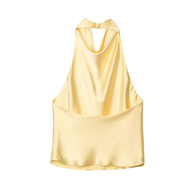 Women's Satin Halter Backless Camisole Top – Off Shoulder Summer Beach Tank Blouse