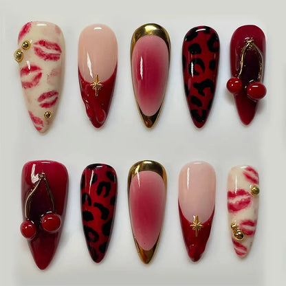 24PCS Strawberry Bow Press On Nails - Red Short Almond Pearl Starlight Floral False Nail Art Tips