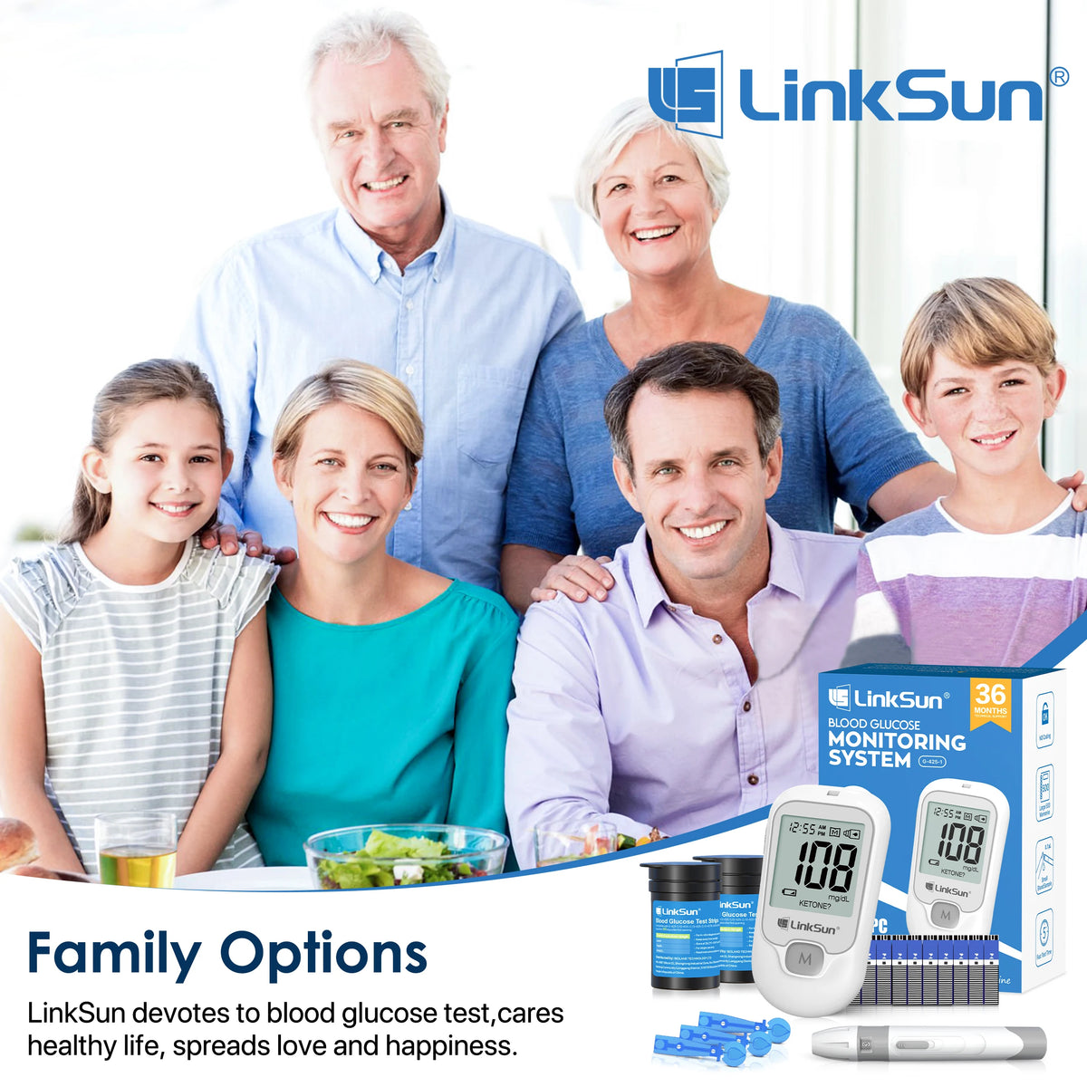 LinkSun G-425-1 Blood Glucose Meter Kit - Digital Diabetes Tester with 50 or 100 Test Strips and Lancets