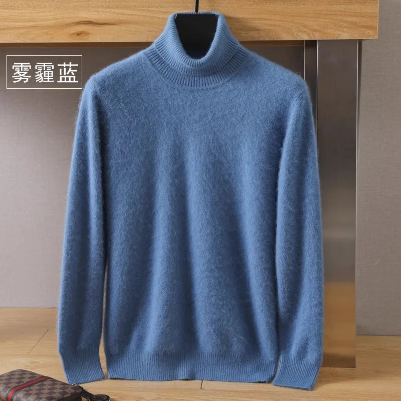 Men's Pure Mink Velvet Cashmere Sweater - High Lapel Long Sleeve Knitted Winter Luxury Pullover Top
