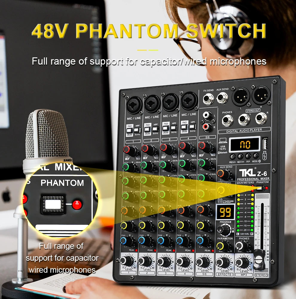 TKLBLS Professional 6 Channel Audio Mixer – 99 DSP Effects, 48V Phantom Power, USB, Bluetooth DJ Console for Studio & Karaoke