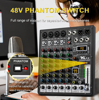 TKLBLS Professional 6 Channel Audio Mixer – 99 DSP Effects, 48V Phantom Power, USB, Bluetooth DJ Console for Studio & Karaoke