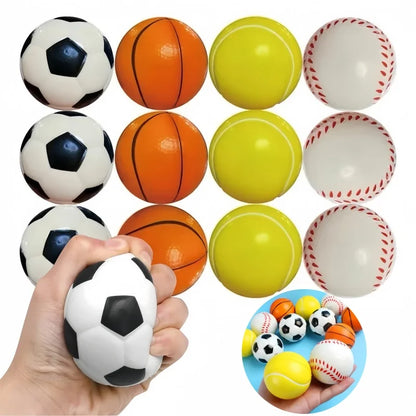12pcs Soft Foam Sports Balls – Stress Relief Soccer, Basketball, Baseball & Tennis Toys