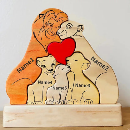 Personalized Wooden Lion Family Puzzle — Custom Name Art Puzzle for Home Decor, Anniversary & Warm Family Gift Keepsake