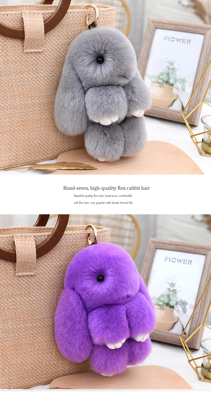 100% Natural Rex Rabbit Fur Keychain – Fluffy Bunny Bag Charm, Doll Toy & Lovely Pendant