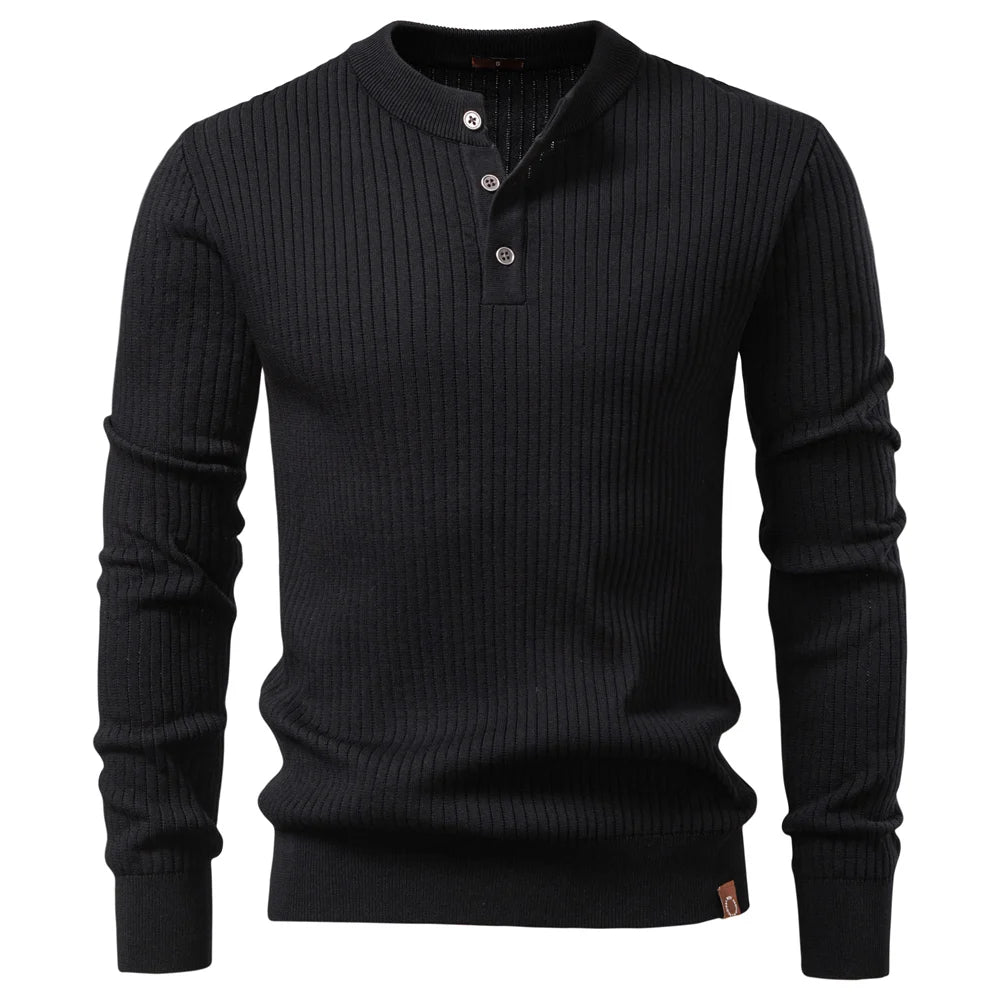 Men's Ribbed Stripe Polo Shirt - Long Sleeve Button Placket Premium Business Casual Top