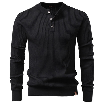 Men's Ribbed Stripe Polo Shirt - Long Sleeve Button Placket Premium Business Casual Top