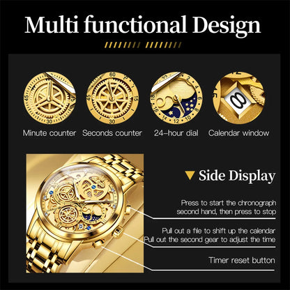OLEVS Luxury Men's Quartz Watch – Gold Skeleton Style, Waterproof, 24-Hour Day/Night, Top Brand