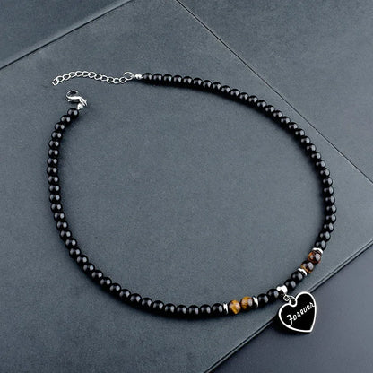 Stainless Steel Tiger Eye and Black Crystal Pendant Necklace for Men – Fashionable Natural Stone Beaded Strand Jewelry