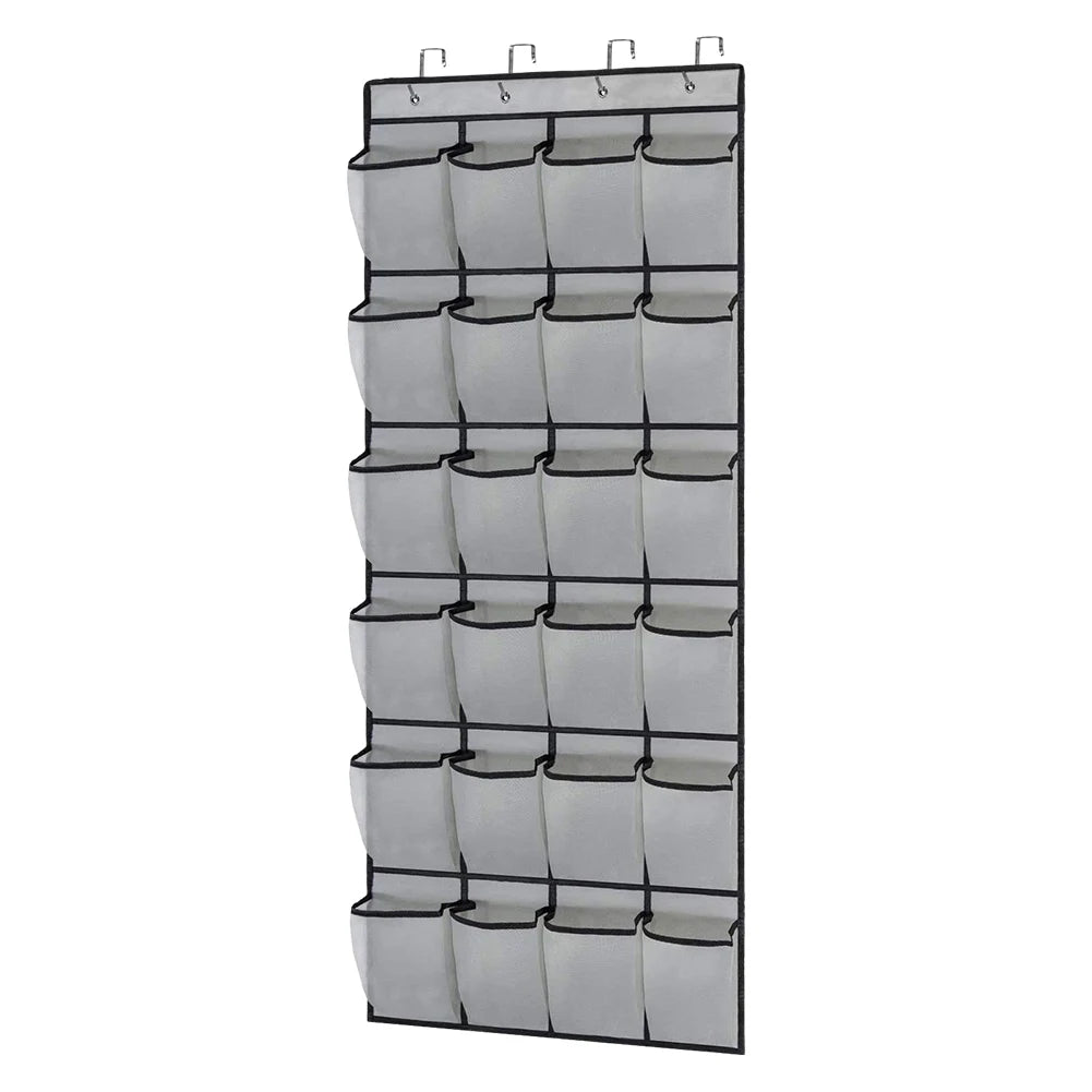 24-Pocket Clear-View Hanging Shoe Organizer with 4 Metal Hooks — Over-the-Door Wall Storage Bag
