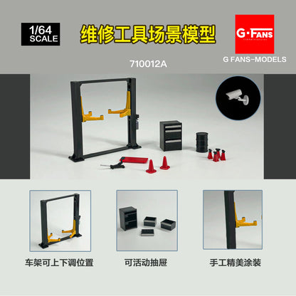 G Fans-Models 1/64 Repair Tool Set – Model Garage Lift & RWB Tools Scene Kit 710011 710012