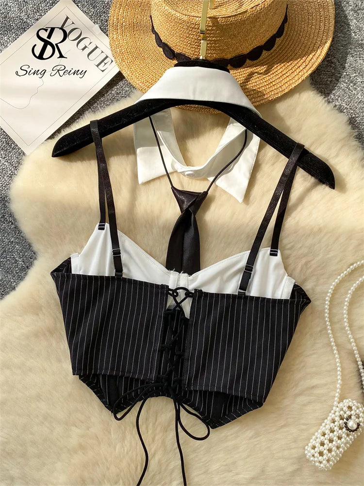 SINGREINY Women’s Sexy Camisole – Lapel Neck, Sleeveless Backless Patchwork Striped Mini Tank Top for Streetwear
