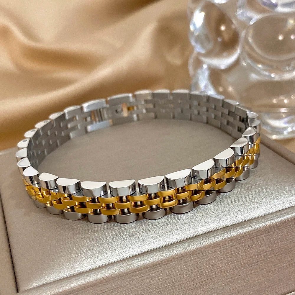 Greatera Five-Layer 10mm Beaded Bracelet – Two-Tone Stainless Steel Watch Chain Bangle Jewelry for Men & Women