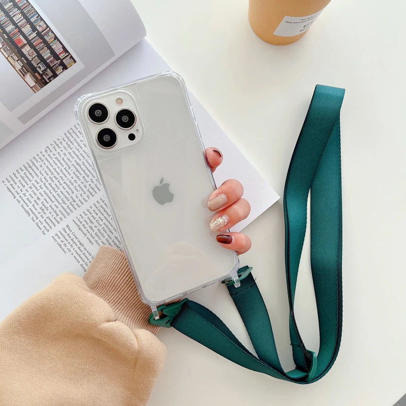 Crossbody Shoulder Strap Phone Case - Transparent Shockproof Cover for iPhone 17 Air, 16, 15, 14, 13 Pro Max & More
