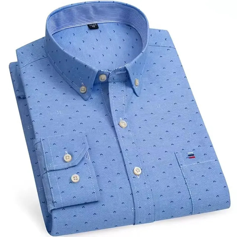 Men’s Checkered Oxford Shirt - Long Sleeve Cotton Button Down Gingham Top with Single Pocket 6XL-7XL