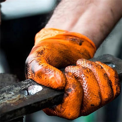 Heavy Duty Orange Nitrile Gloves 8Mil – Industrial Disposable Work Gloves with Diamond Grip for Mechanic Safety