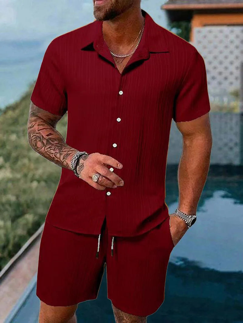 Men's Striped Jacquard Beach Shirt & Shorts Set — Spring Summer Casual Loose Fit, Europe & US Style