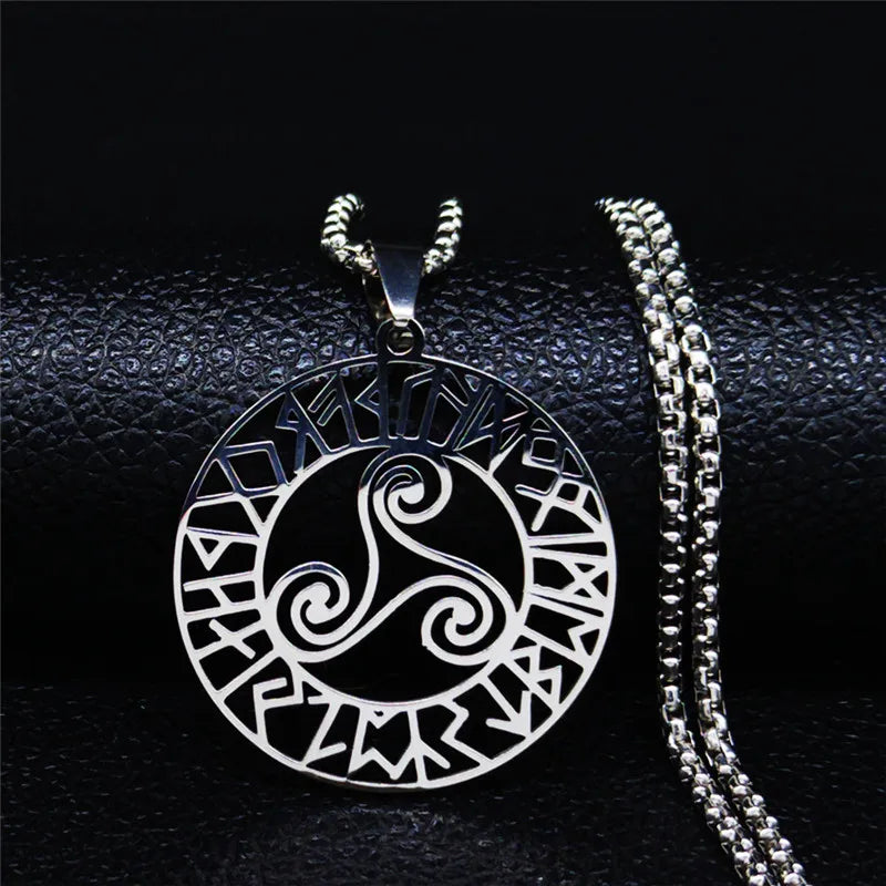 Stainless Steel Witchcraft Vortex Necklace – Viking Triskelion Celtic Knot Spiral, Silver Jewelry N7062S02