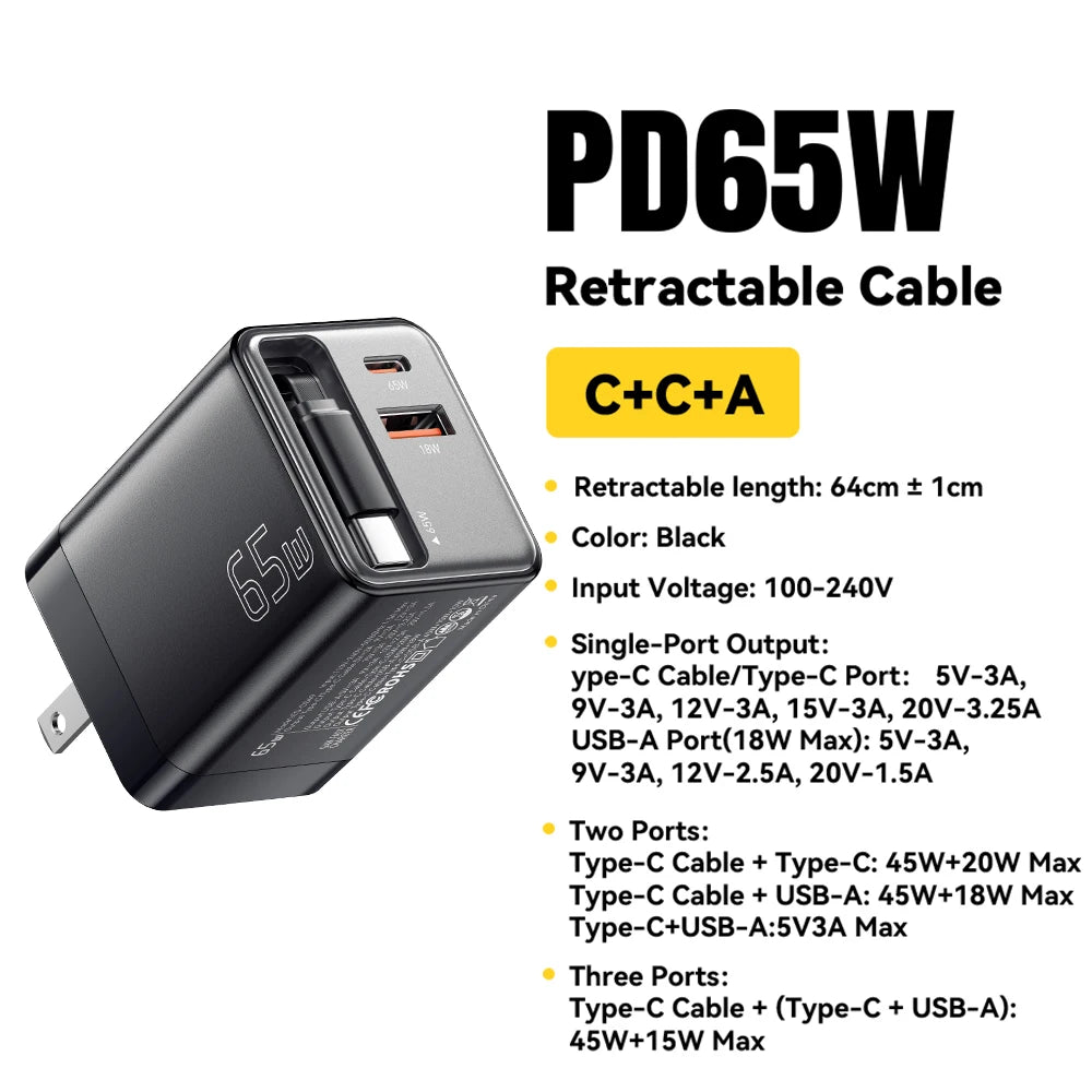 Essager 65W GaN Fast Charger – Retractable USB-C Cable PD Charging Adapter for Laptops, MacBook, iPhone 16/15/14, and Xiaomi Devices