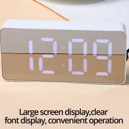 White LED Mirror Alarm Clock – USB Desktop Clock with Time Display, Snooze & Night Light for Home Decor
