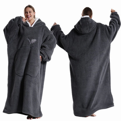 Extra Long Wearable Blanket - Winter Flannel Hooded Blanket with Full Sleeves, Cozy Soft Throw for Men and Women