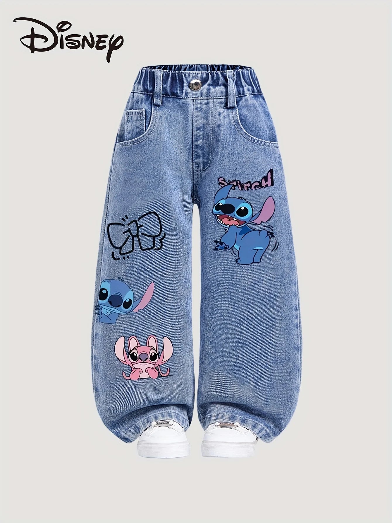 Disney Stitch Pattern Girls’ Jeans – Cute Straight-Leg Loose Casual Pants with Elastic Waist, Fashionable All-Match Style