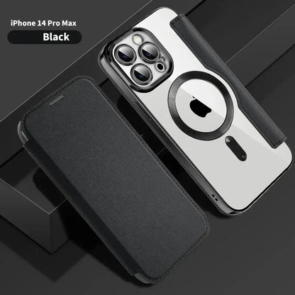Electroplated Flip Leather Case for iPhone 16, 15, 14, 13, 12 & 11 Plus Pro Max – Luxury MagSafe Wireless Charging Protective Cover