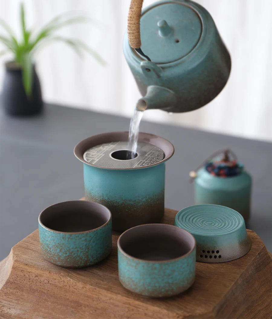 Kiln-Change Vintage Spring Green Pottery Tea Set – 1 Pot & 4 Cups, Simple Small Set for Outdoor or Tea Room