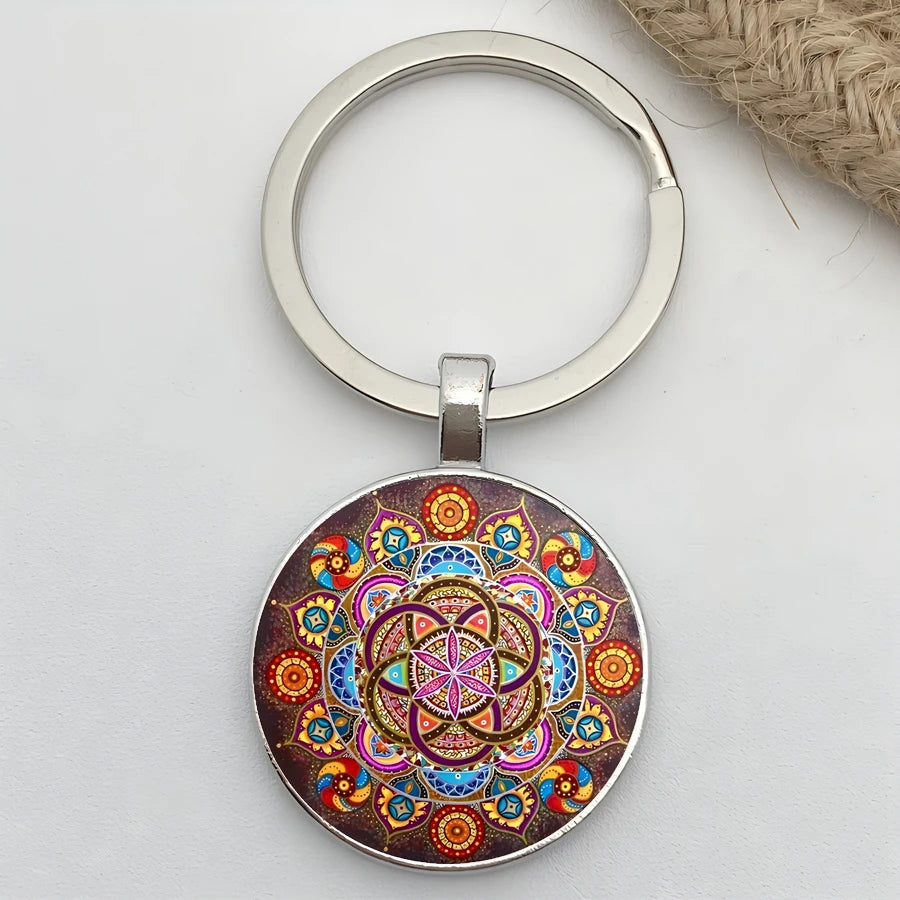Retro Mandala Flower Yoga Keychain – Buddhist Chakra Glass Car Keyring for Men & Women Spiritual Jewelry Gift Accessory