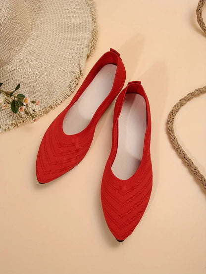 Women’s Pointed Toe Knitted Slip-On Flats – Solid Color Casual Breathable Ballet Loafers