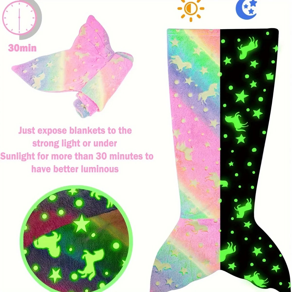 Cartoon Rainbow Unicorn Mermaid Tail Blanket — Super Soft Glow-in-the-Dark Flannel Blanket, Perfect Gift for Girls
