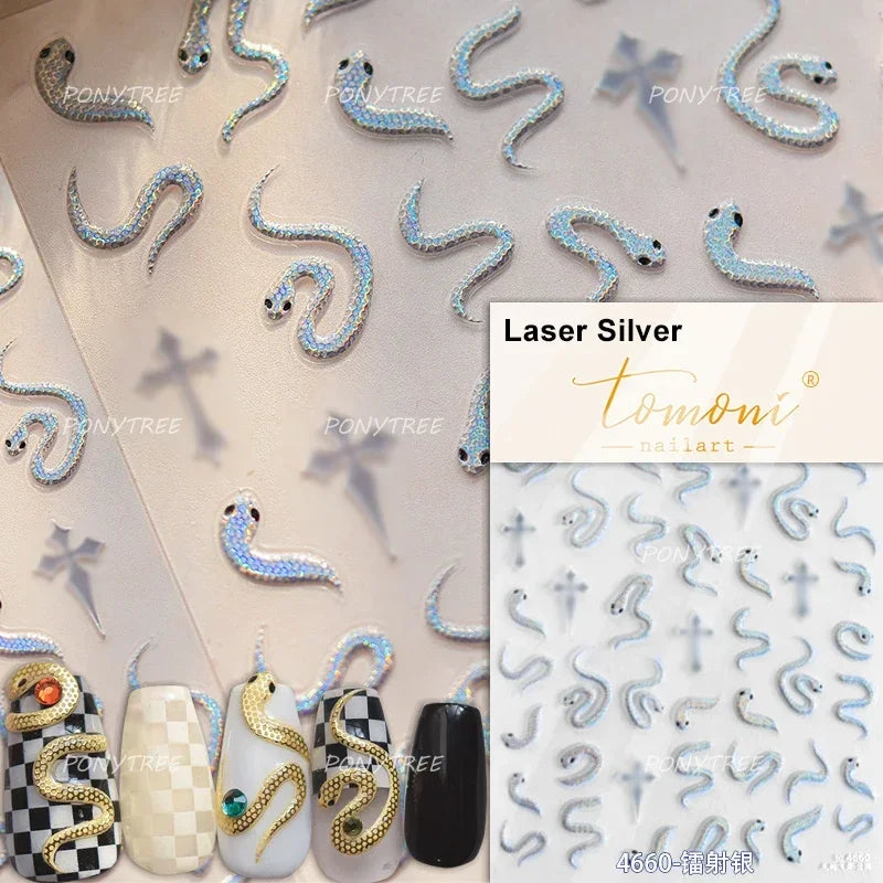 5D Gold Stamped Nail Art Stickers - Silver Sun Stars Snake Chinese Style Self-Adhesive Manicure Decals