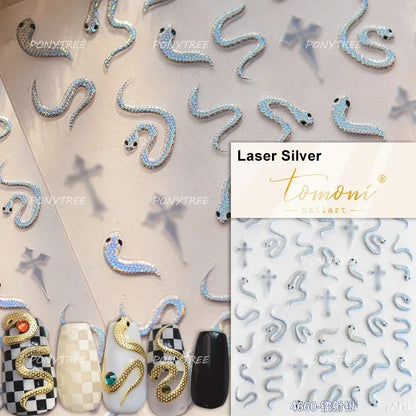 5D Gold Stamped Nail Art Stickers - Silver Sun Stars Snake Chinese Style Self-Adhesive Manicure Decals