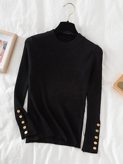2024 Women's Thick Knit Sweater - Casual Autumn/Winter Pullovers in Khaki with Button Detail, O-Neck Chic Slim Fit Jumper Top