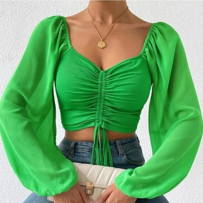 ALLUKASA Sexy Mesh Lantern Sleeves T-Shirt – Drawstring Wrap Chest & Bare Midriff, Women's Long Sleeve Bottoming Top