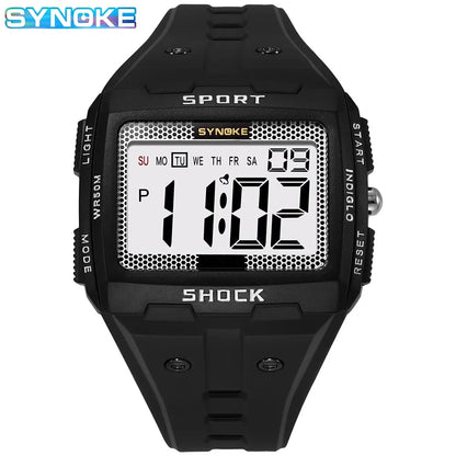 SYNOKE Men’s Sports Electronic Watch – Waterproof Night Glow Large Screen Square Outdoor Running & Camping Watch
