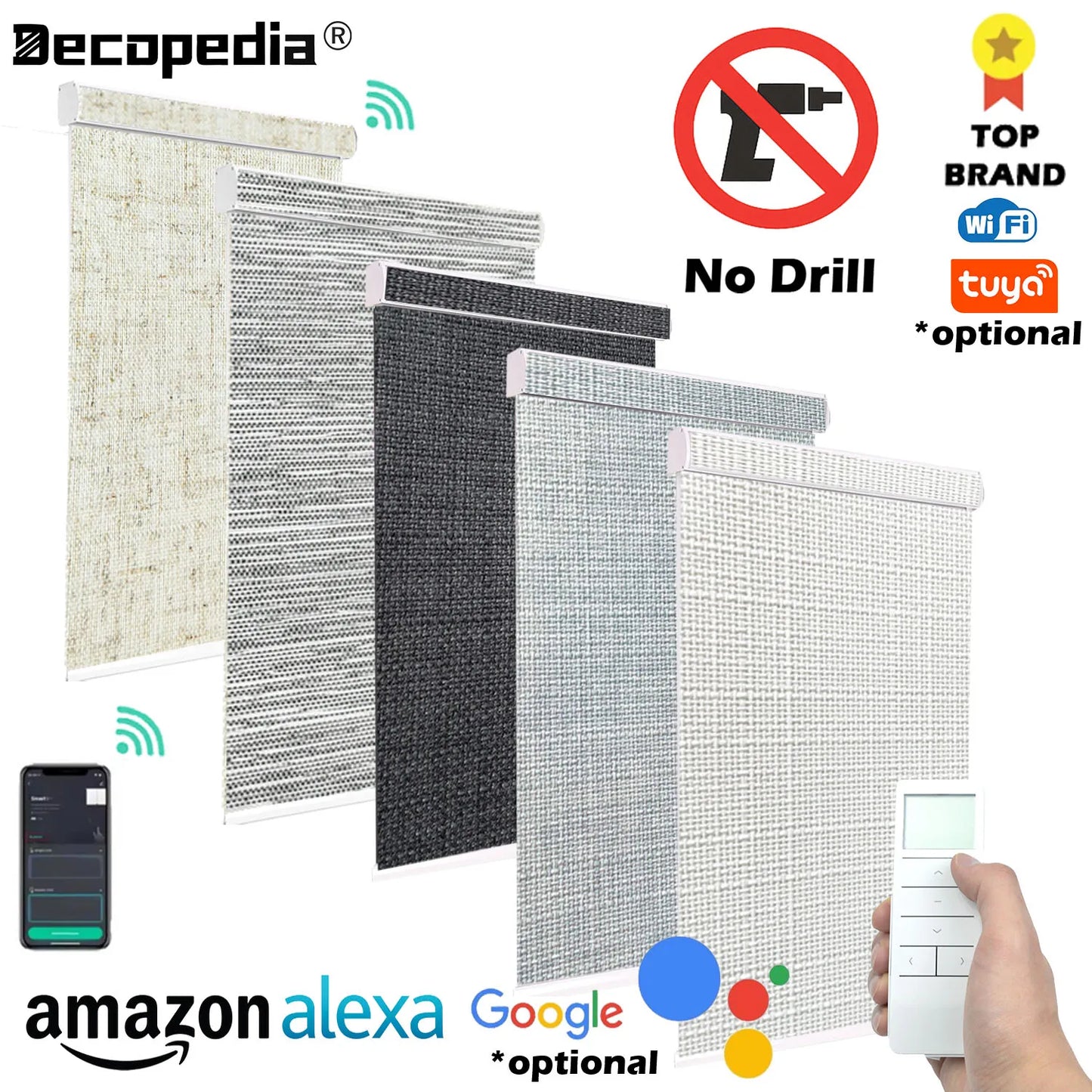 Decopedia No-Drill Motorized Roller Blinds – Blackout Day & Night Smart Window Shades for Bedroom