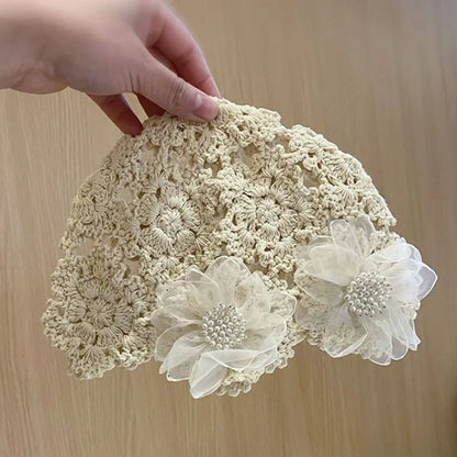 Autumn Winter Knitted Beret – Hollow Lace Flower Fashion Skullies Hat for Women, Casual Bonnet Cap