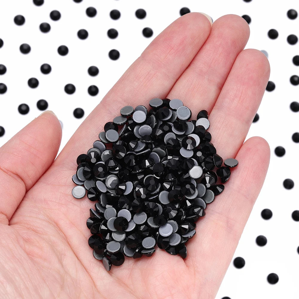 QIIY SS3–SS50 Crystal AB Black Glass Rhinestones – Hot-Fix Flatback Iron-On Stones for Wedding Dresses, Clothing, and Fabric Decoration