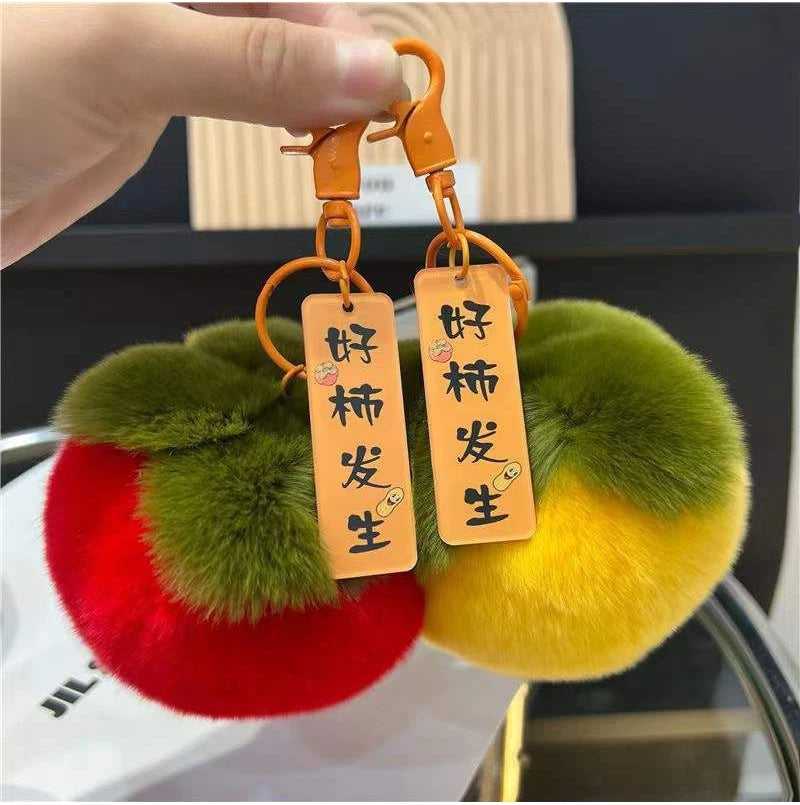 2024 Real Rabbit Fur Mini Persimmon Keychain – Cute Plush Rex Fur Pendant for Bags, Cars, and Gifts