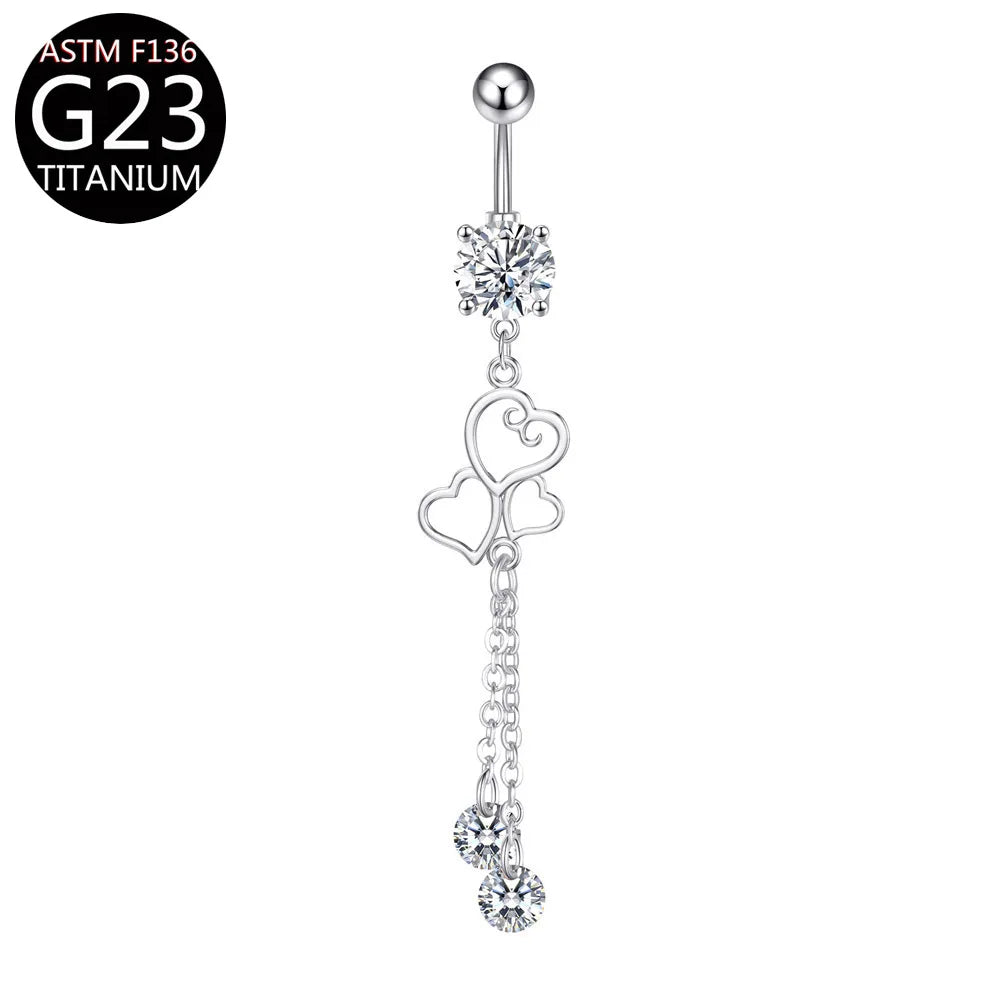 G23 Titanium Belly Button Ring - Zircon Butterfly Heart Dangle Navel Piercing Jewelry for Women 14G Sexy Style