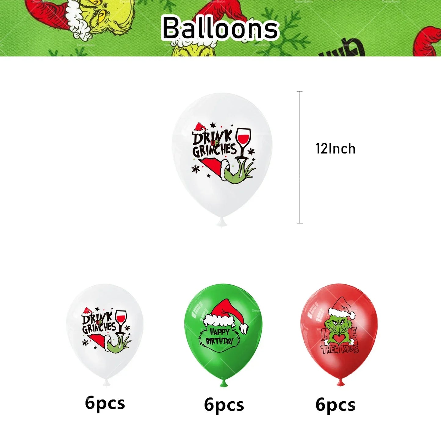 Grincs Christmas Party Balloon Decoration Set – Merry Xmas Banner Cake & Disposable Tableware Supplies Green Red