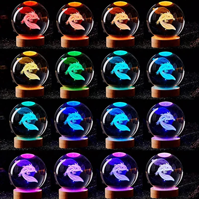 3D Axolotl Crystal Ball Night Light - Laser Engraved Colorful LED Birthday Gift & Cute Home Decoration