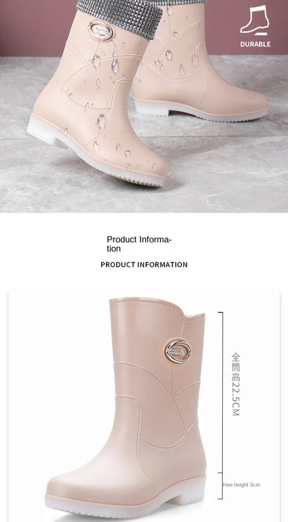 Women’s Fashion Mid-Tube Rain Boots – Wear-Resistant, Waterproof Rubber Shoes with Thick Sole, Non-Slip & Cotton Lining
