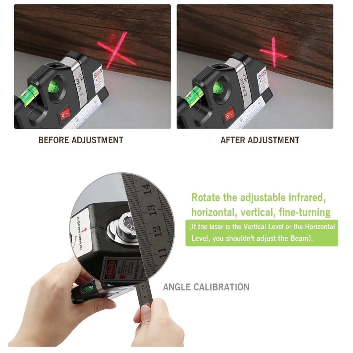 Multipurpose Line Laser Leveler Tool - Cross Line Lasers with 8FT 2.5M Standard Measure Tape and Metric Rulers