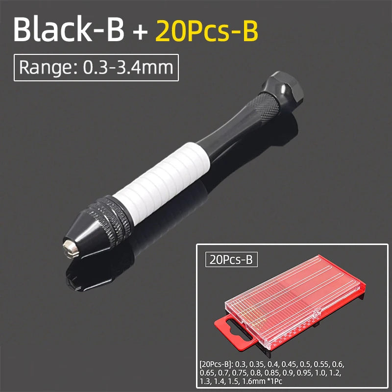 Mini Aluminum Hand Drill 0.3–3.4mm – Keyless Chuck Micro Rotary Tool with HSS Twist Drill Bit Set for Wood & DIY Crafts